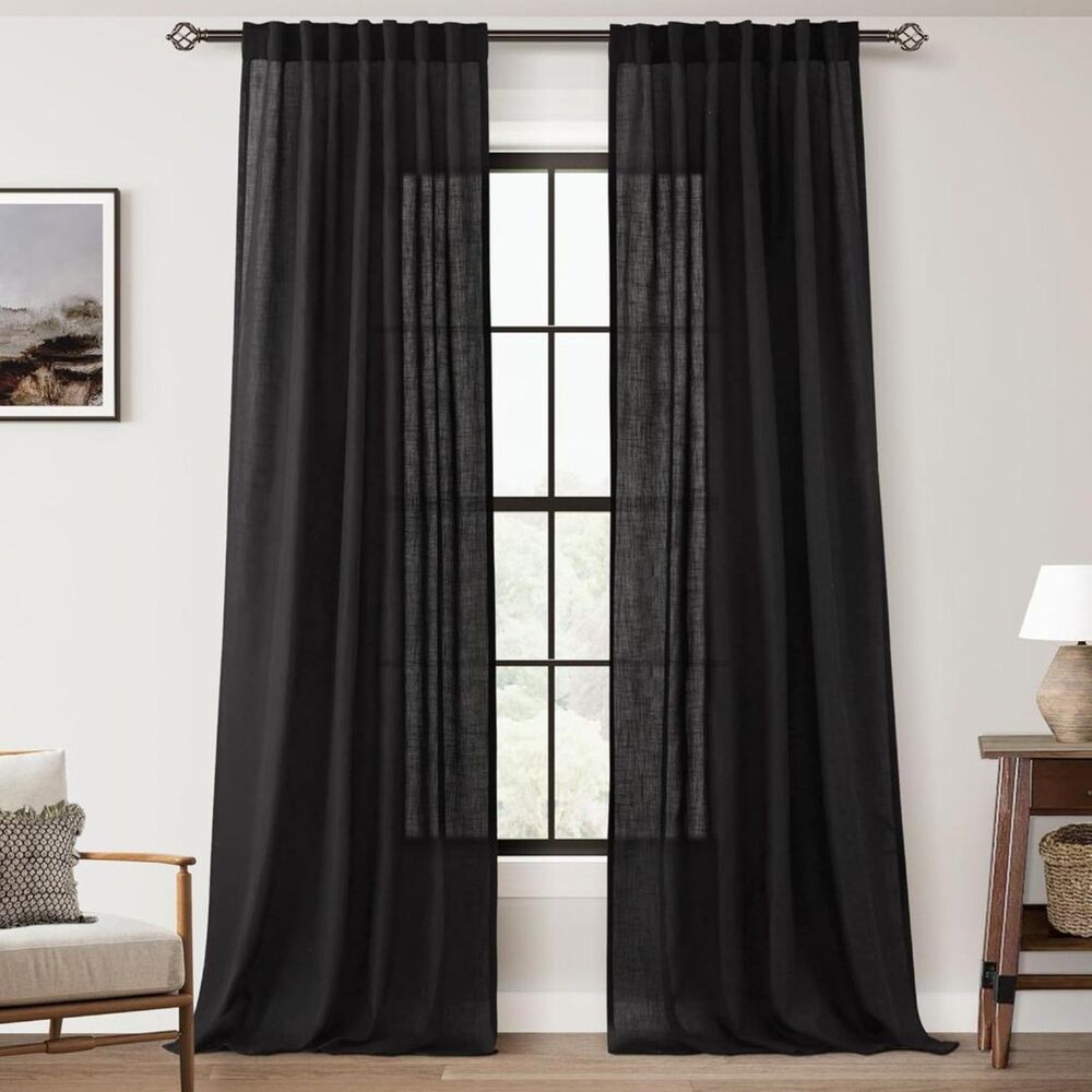 Brand New Nanspring Black Linen Semi-Sheer Light-Filtering Curtains – Set of 2
